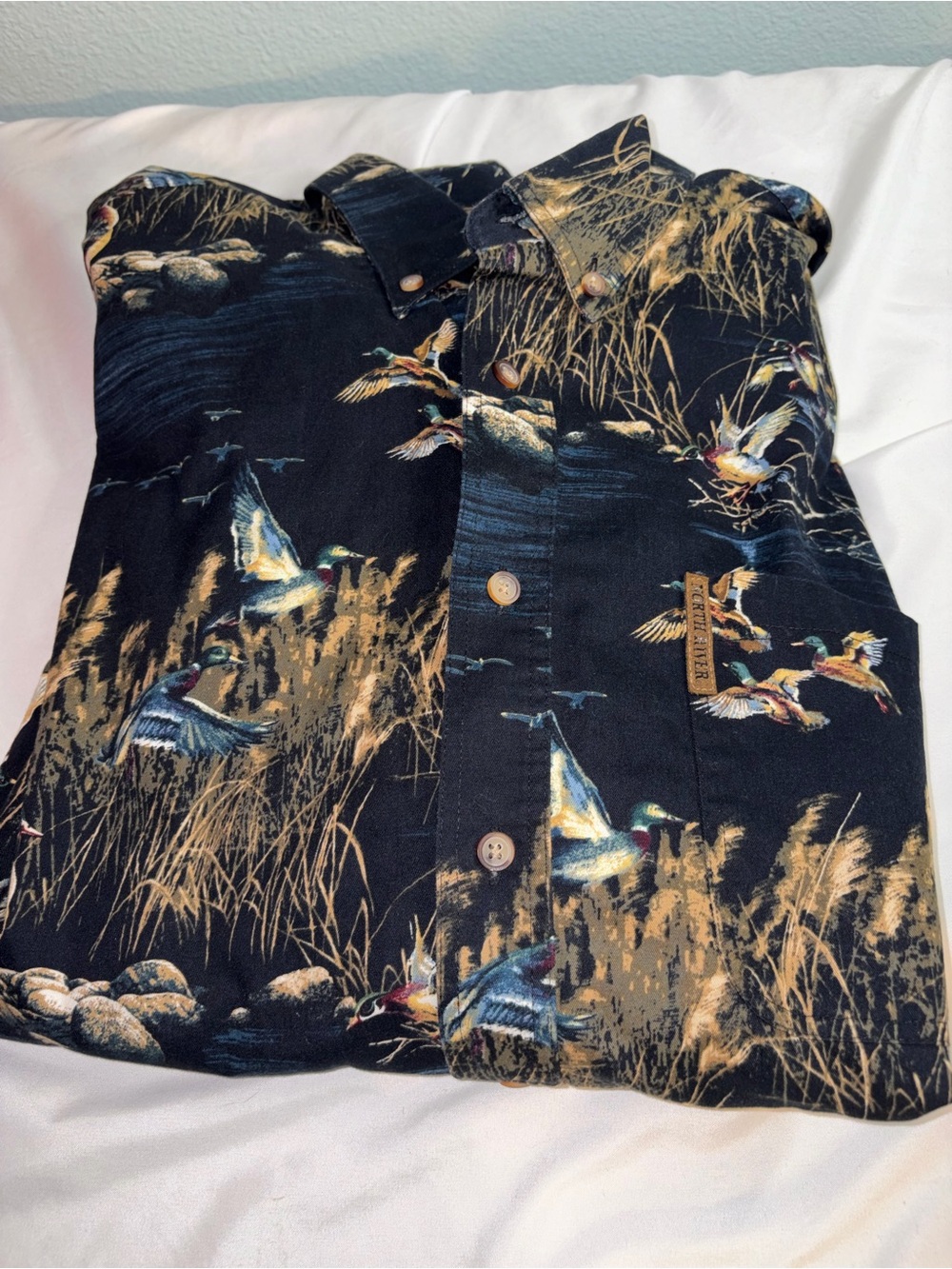 Navy blue Duck-Print Button Front Shirt long sleeve